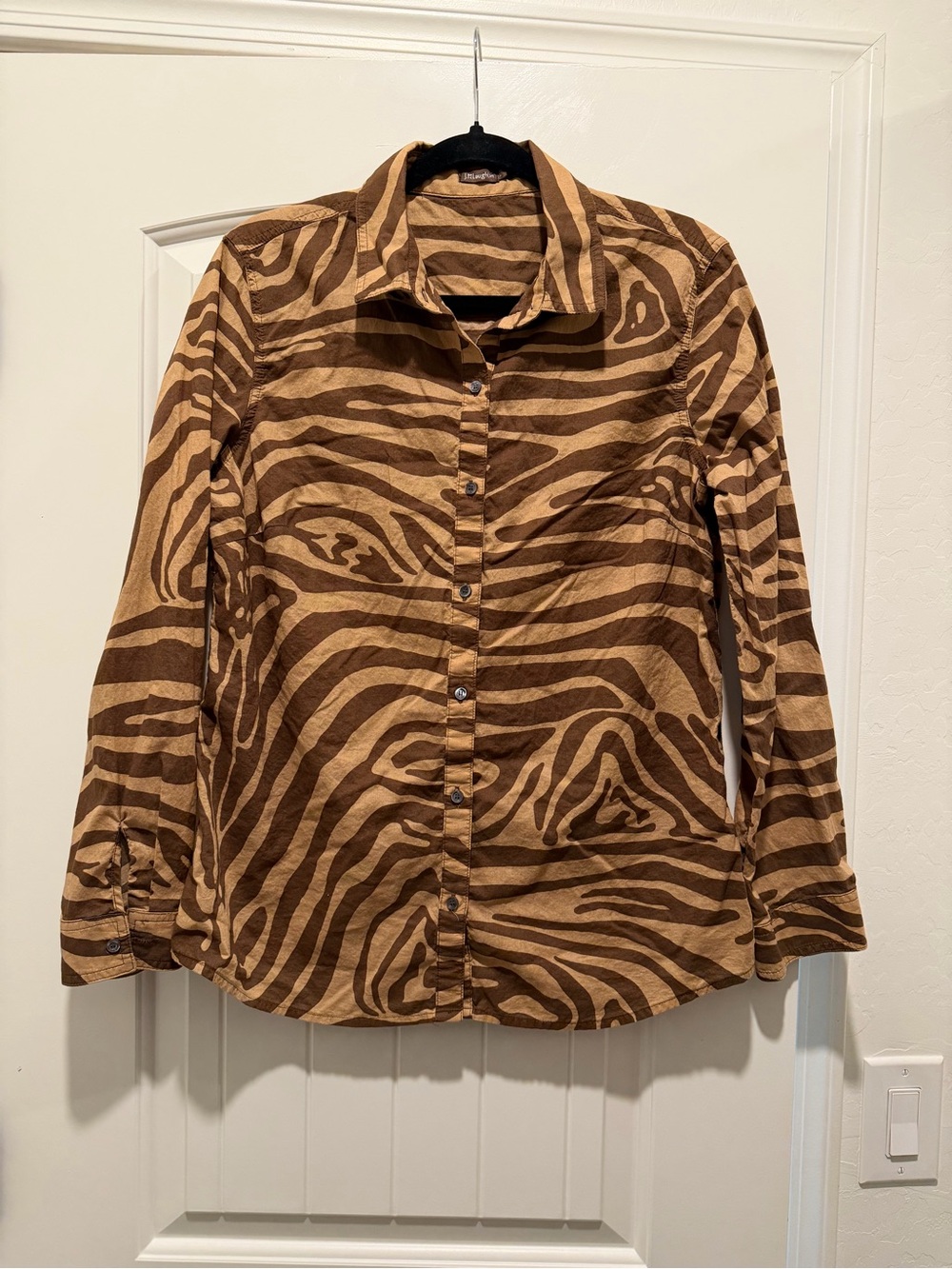 J.McLaughlin Lois Shirt L Cotton Brown Zebra Animal Print Button Down Blouse
